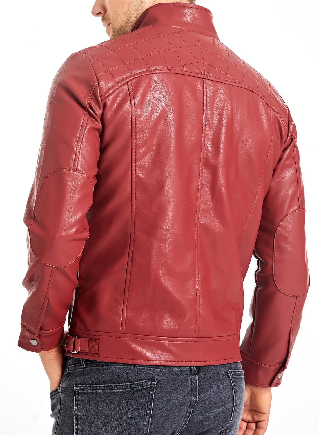 HOOD CREW Men’s Stand Collar Leather Jacket Casual Faux Leather Motorcycle Jacket Outerwear Coat with Zipper Pockets Red L