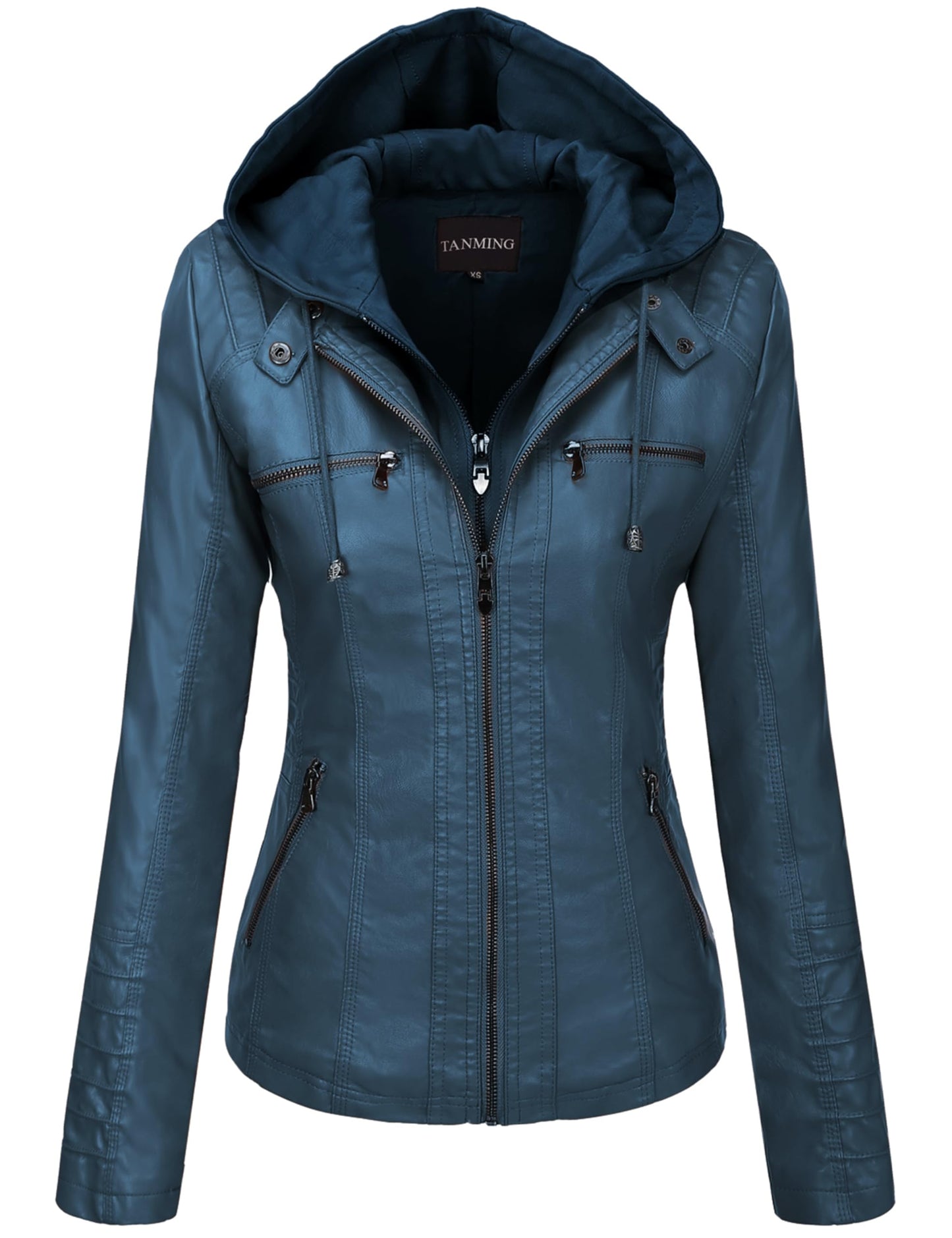 Tanming Womens Faux Leather Jacket Hooded Moto Biker Coat Outerwear Fall Fashion Outfits Winter Clothes(Blue-XXL)
