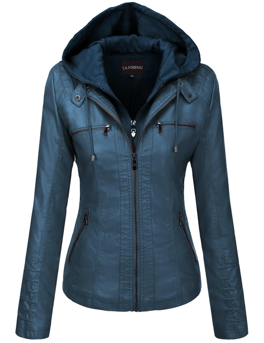 Tanming Womens Faux Leather Jacket Hooded Moto Biker Coat Outerwear Fall Fashion Outfits Winter Clothes(Blue-XXL)