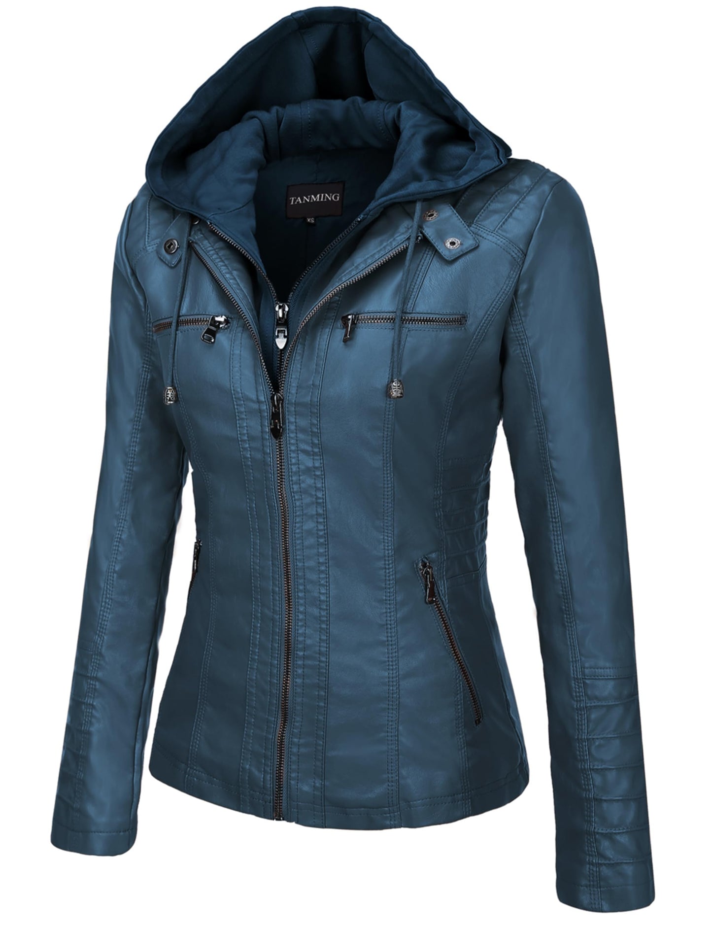 Tanming Womens Faux Leather Jacket Hooded Moto Biker Coat Outerwear Fall Fashion Outfits Winter Clothes(Blue-L)