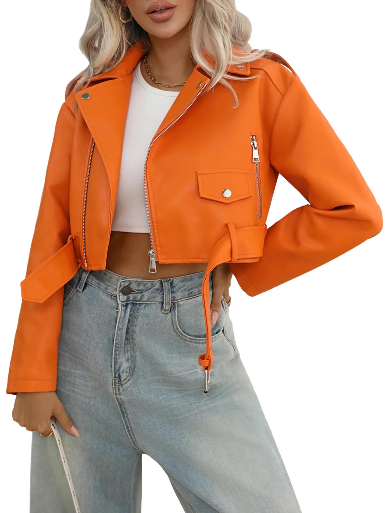 LY VAREY LIN Women Faux Leather Cropped Jacket Bomber Aviator Motor Biker Coat with Belt