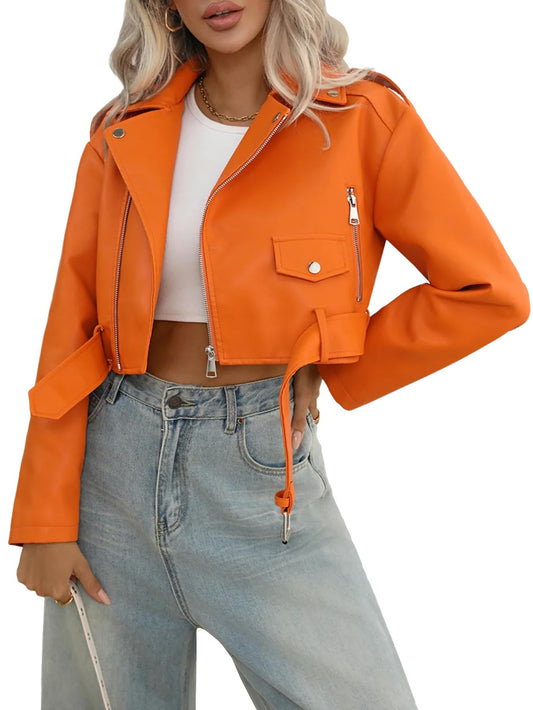 LY VAREY LIN Women Faux Leather Cropped Jacket Bomber Aviator Motor Biker Coat with Belt
