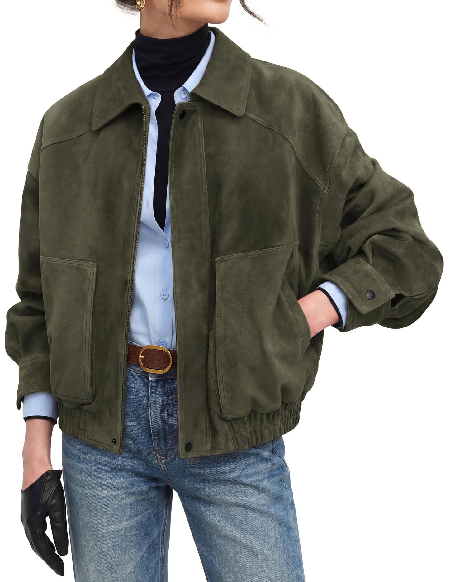 GRACE KARIN Women's Faux Suede Jacket Fall Long Sleeve Coat Army Green M
