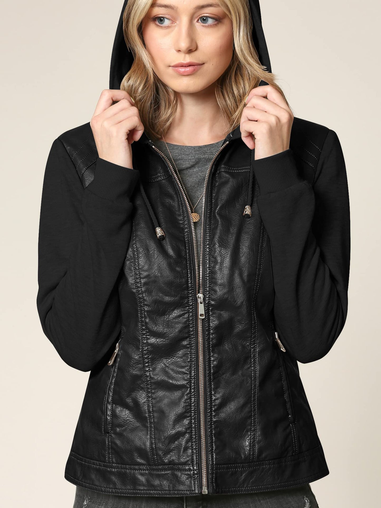 Made By Johnny MBJ WJC1347 Women’s Faux Leather Moto Jacket with Fleece Sleeves & Hoodie XS Black_Black