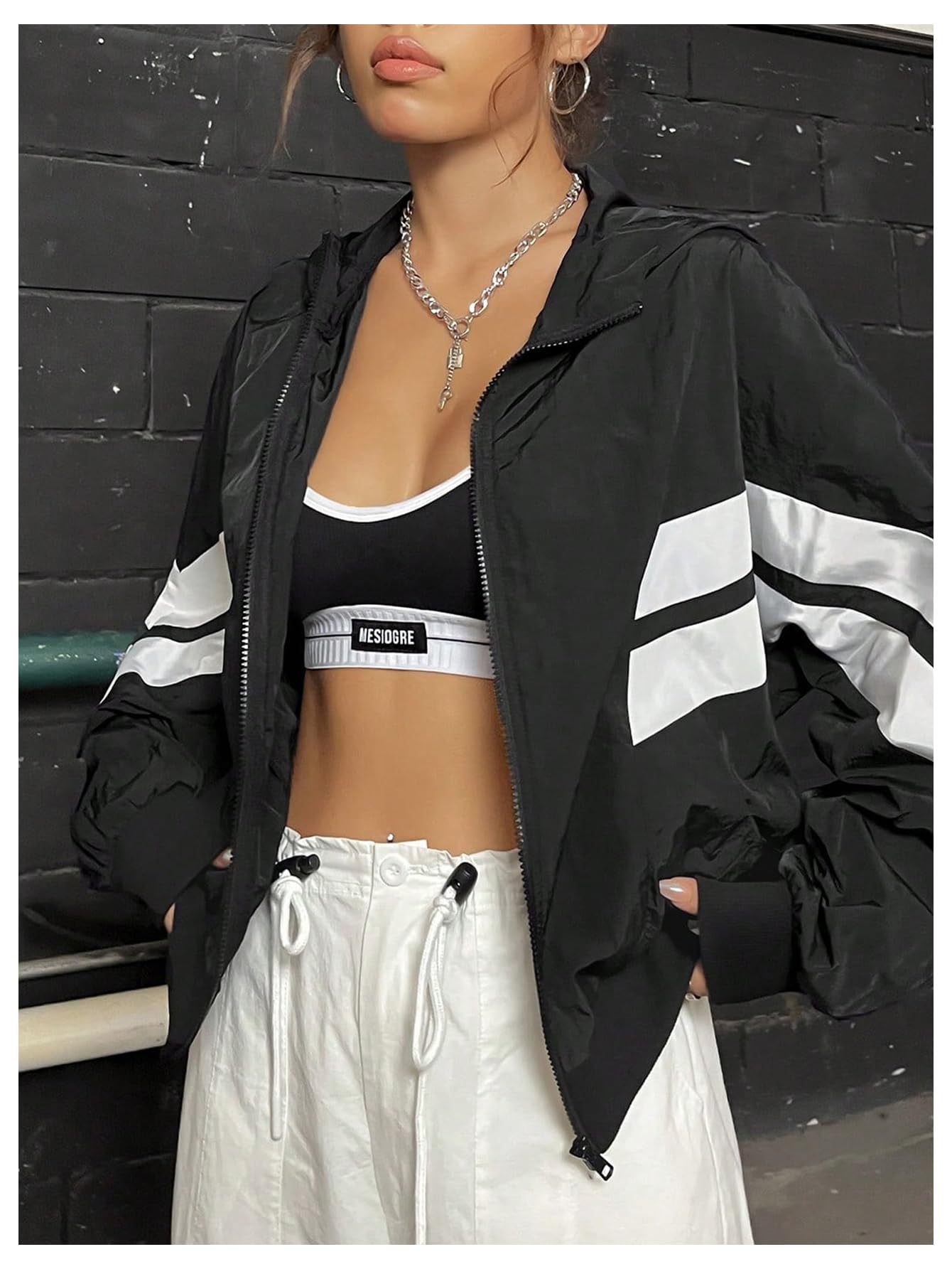 Verdusa Women's Color Block Zip Up Hooded Jacket Outerwear Loose Windbreaker Jackets Black Small