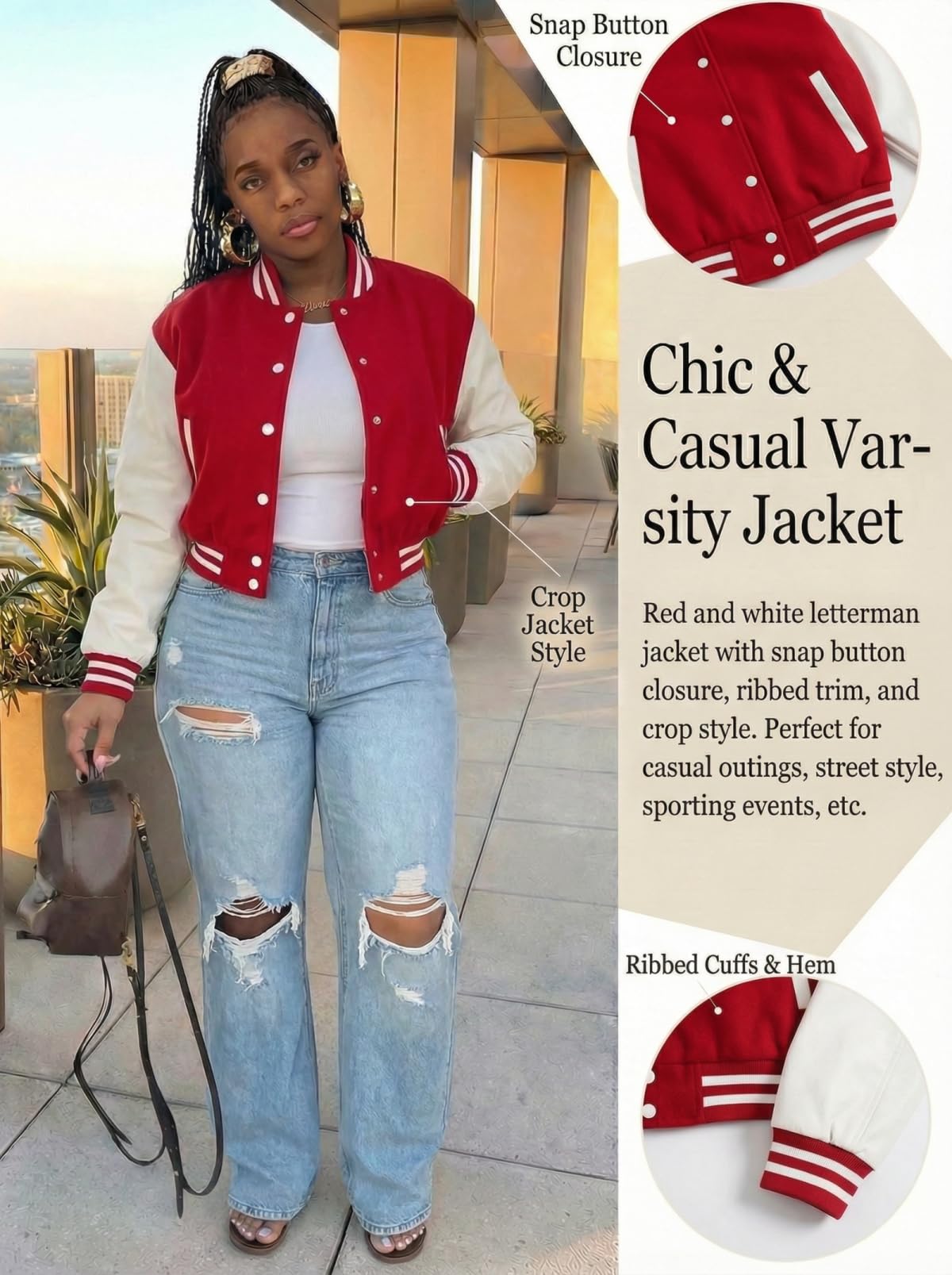 ThusFar Women's Cropped Bomber 2025 Fall Button Down Baseball Varsity Letterman Jacket Outwear Coat with Pockets Wine XL