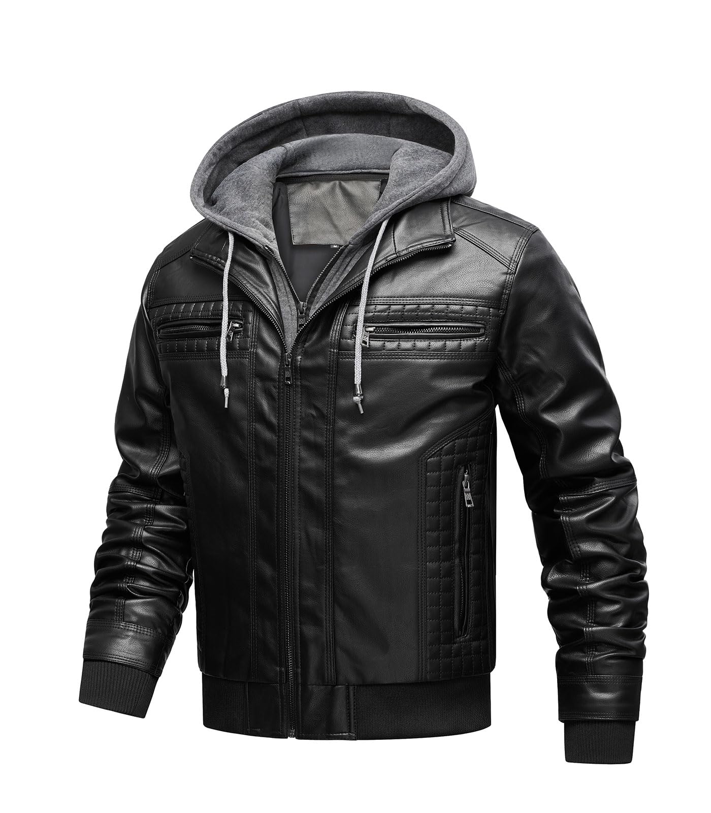 INVACHI Men's Faux Leather Motorcycle Jacket with Removable Hood, Black