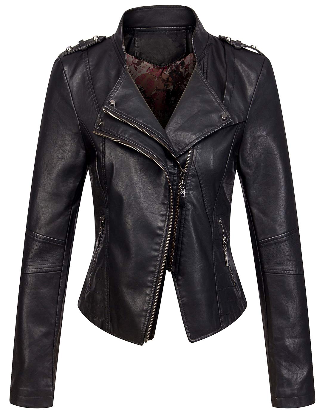 chouyatou Women's Candy Color Asymmetric Zip Slim Faux Leather Cropped Moto Jacket (Medium, Black)