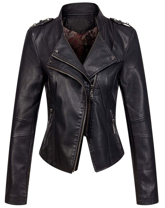 chouyatou Women's Candy Color Asymmetric Zip Slim Faux Leather Cropped Moto Jacket (Medium, Black)