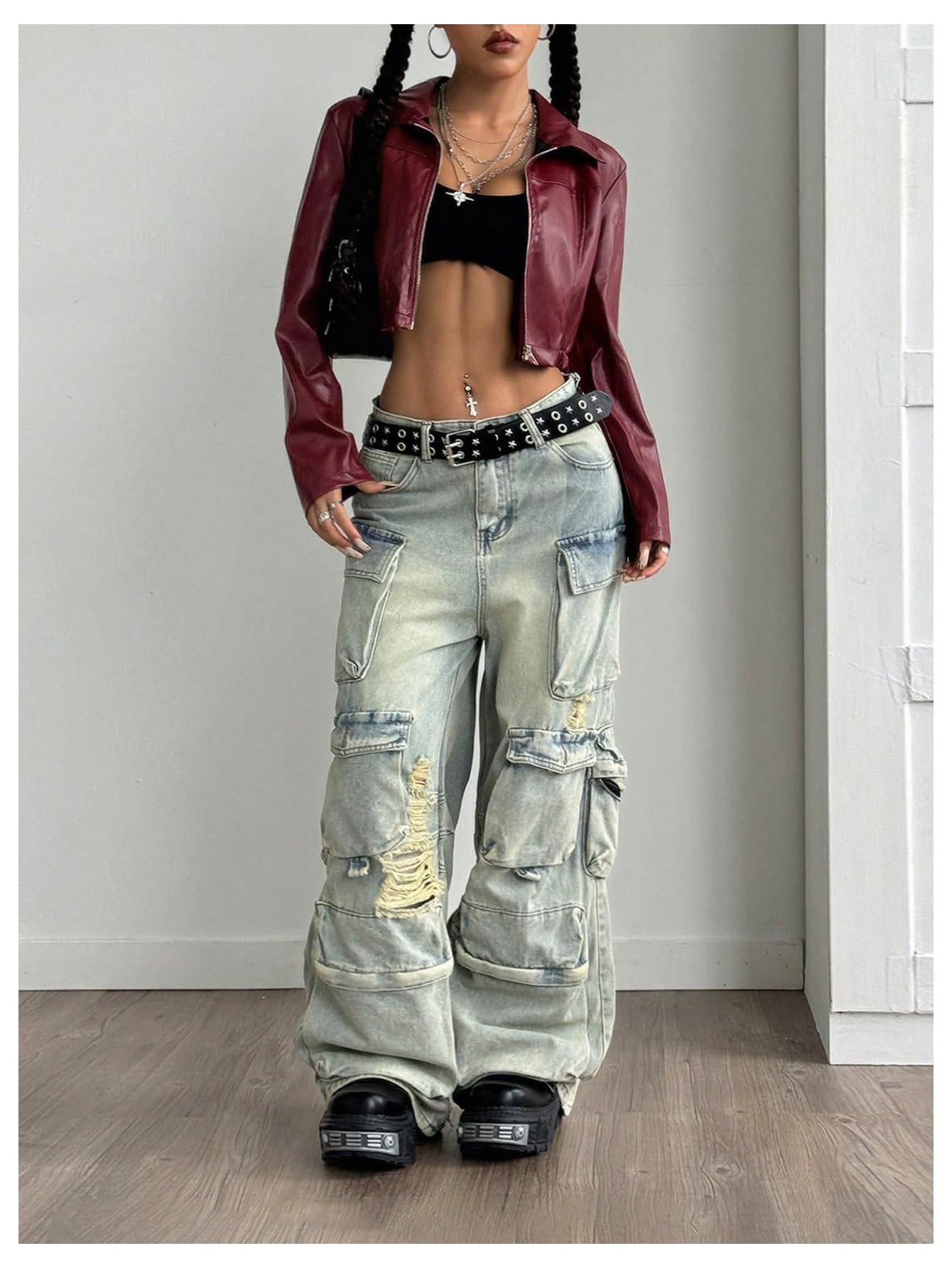 Verdusa Women's Motorcycle Leather Race Car Jacket Cropped Streetwear Lightweight Long Sleeve Outerwear Burgundy Medium