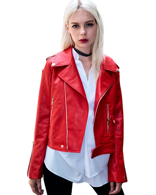 Women's Zipper Motorcycle Biker Faux Leather Jackets (L, Red)