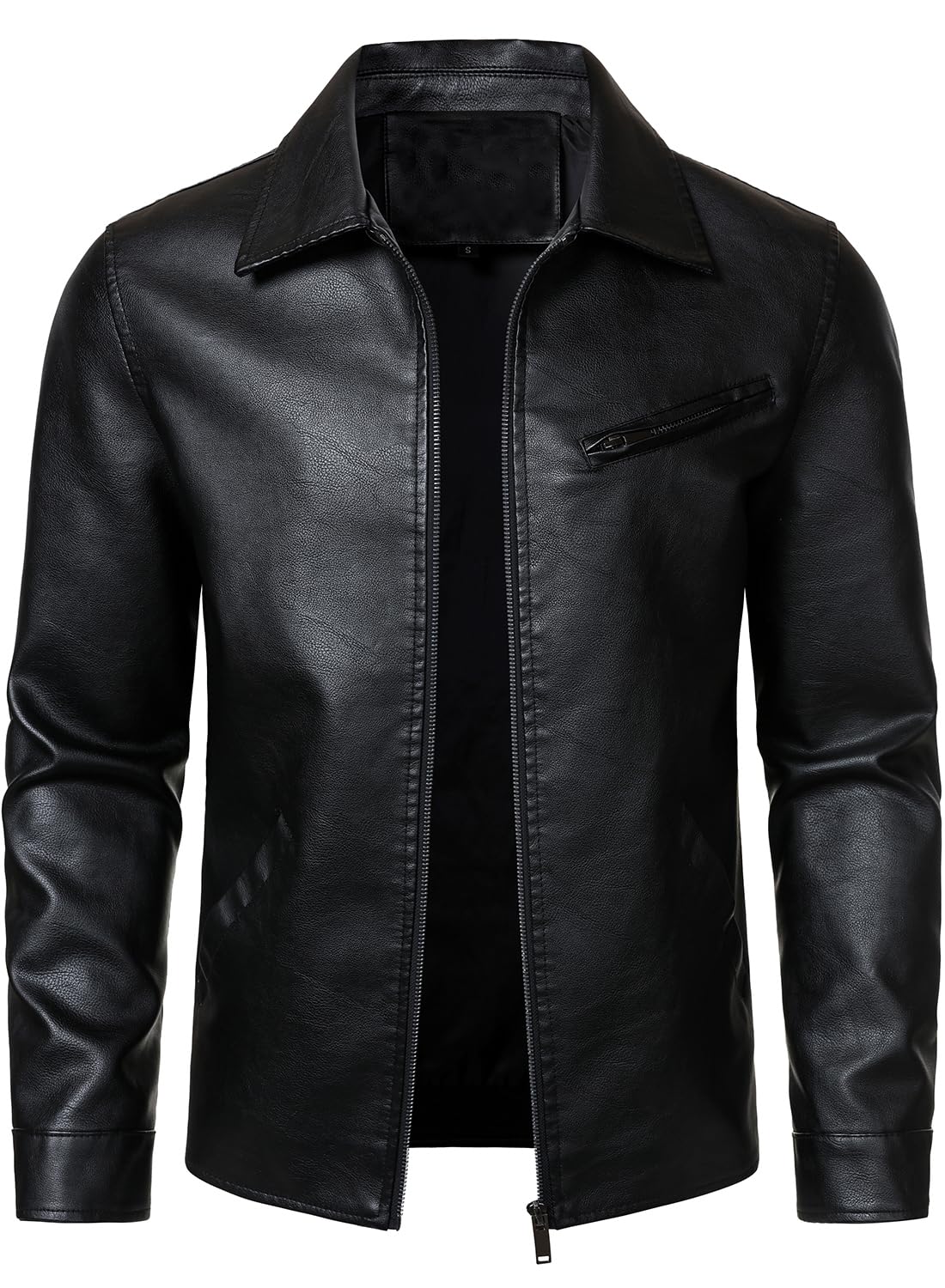 HOOD CREW Men’s Classic Faux Leather Jackets Turn Down Collar Leather Coat Lightweight Outerwear Biker Jacket Black L