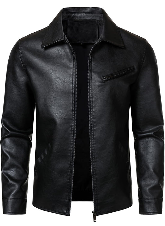HOOD CREW Men’s Classic Faux Leather Jackets Turn Down Collar Leather Coat Lightweight Outerwear Biker Jacket Black M