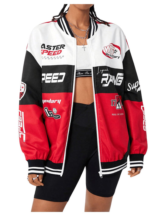 Verdusa Women's Graphic Motorcycle Racing Bomber Jacket Streetwear Zip Up Outerwear Y2k Fall Jackets Black Medium