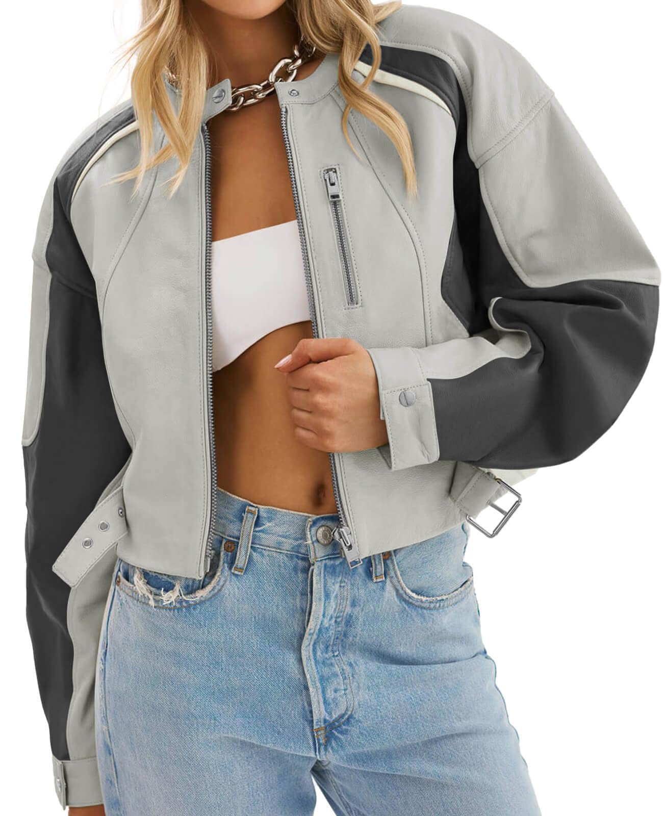 Tankaneo Womens Faux Leather Bomber Jackets Cropped Fall Moto Biker Coats