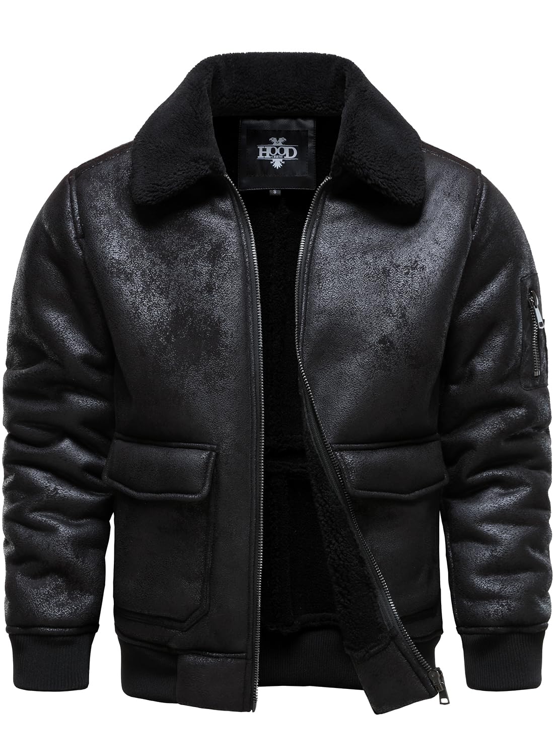 HOOD CREW Men's Faux Leather Motorcycle Jacket Men Bomber Jacket Warm Sherpa Fleece Lined Winter Coat Aviator Flight Jackets Black L