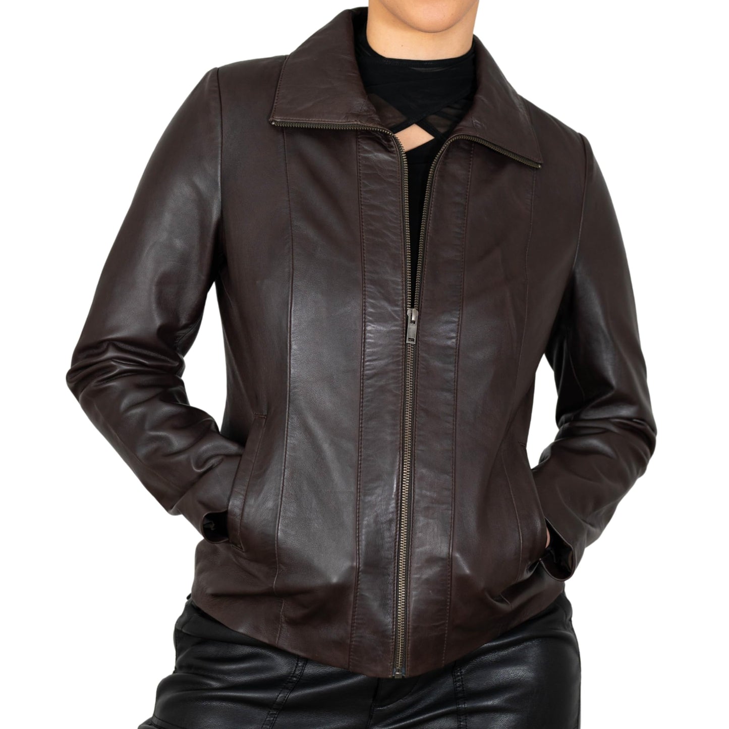 BRICK LANE Timeless Design Leather Jacket for Women | Genuine Lamb Nappa Leather Jacket (US, Alpha, Small, Regular, Regular, Brown)