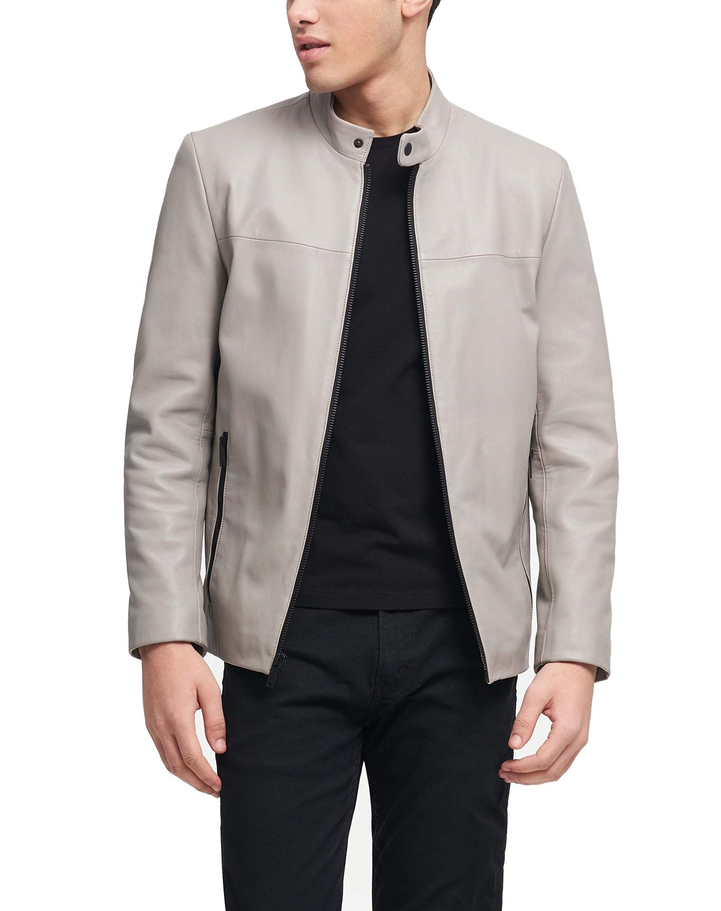 DKNY Men's Modern Lamb Leather Racer Jacket, Elephant, XX-Large
