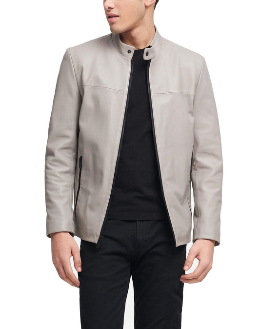 DKNY Men's Modern Lamb Leather Racer Jacket, Elephant, XX-Large
