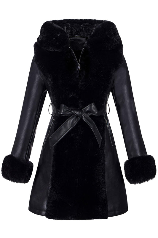 RISISSIDA Luxurious Fur Lined Faux Leather Jacket Women Winter Coat Hood Long Fur Collar Cuffs Zipper Up Pockets,Thick Warm Heavy Overcoat Belted Black M