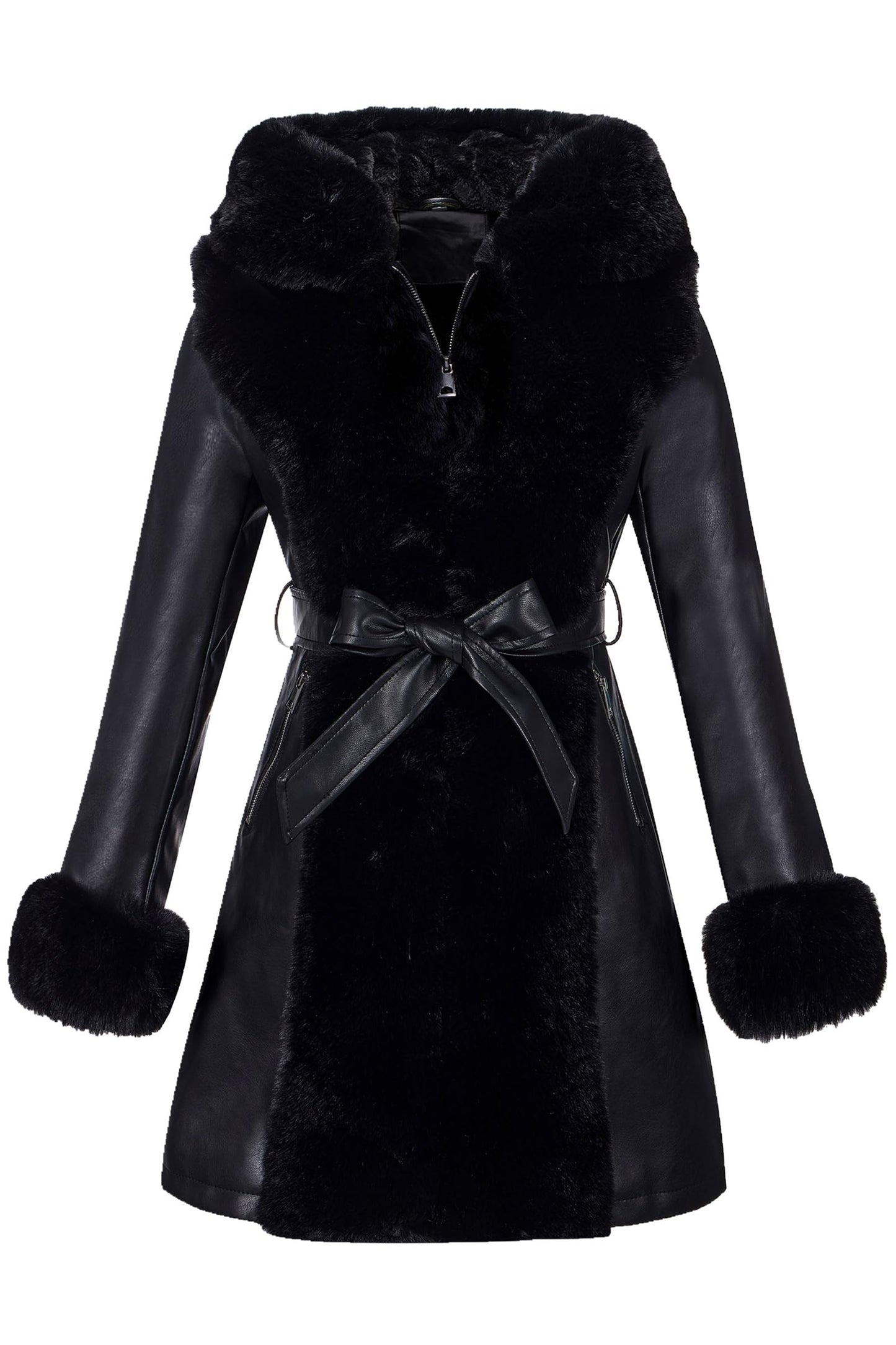 RISISSIDA Luxurious Fur Lined Faux Leather Jacket Women Winter Coat Hood Long Fur Collar Zipper Up,Plus Size Oversized Thick Warm Overcoat Belted Black 3XL