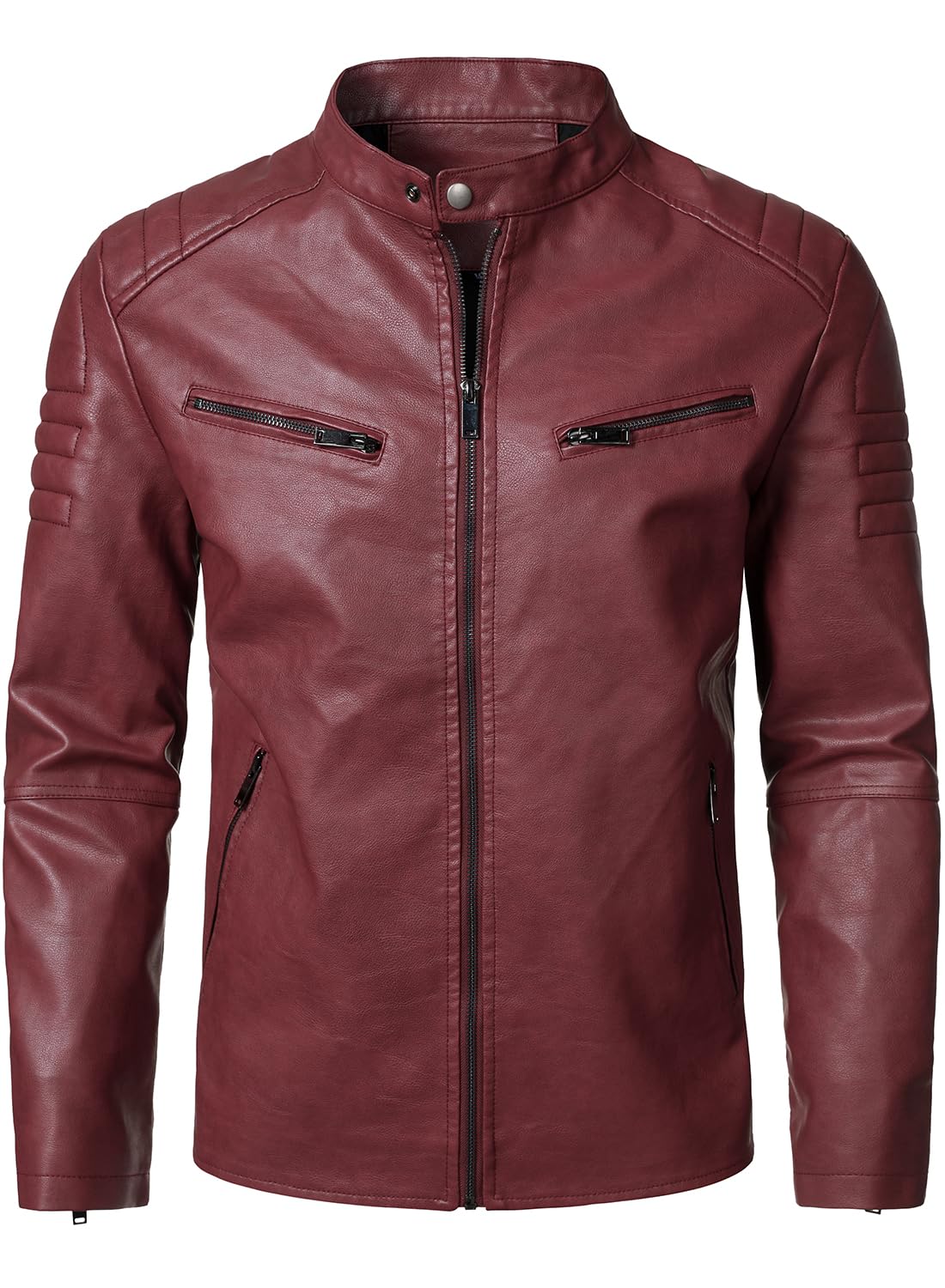 HOOD CREW Men’s Faux Leather Motorcycle Jackets Stand-up Collar Leather Jacket Vintage Coats Outwear Red M