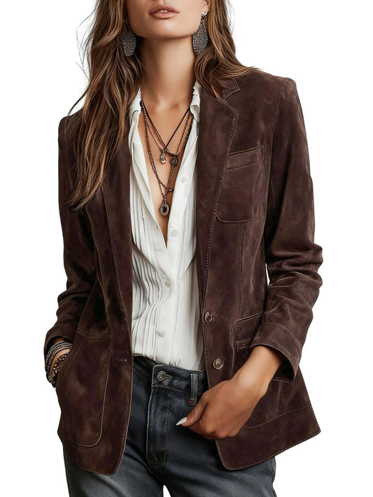 chouyatou Women's Retro Faux Suede Leather Blazer Jacket Notched Collar Work Dressy Business Casual Coat (Large,Dark Brown)