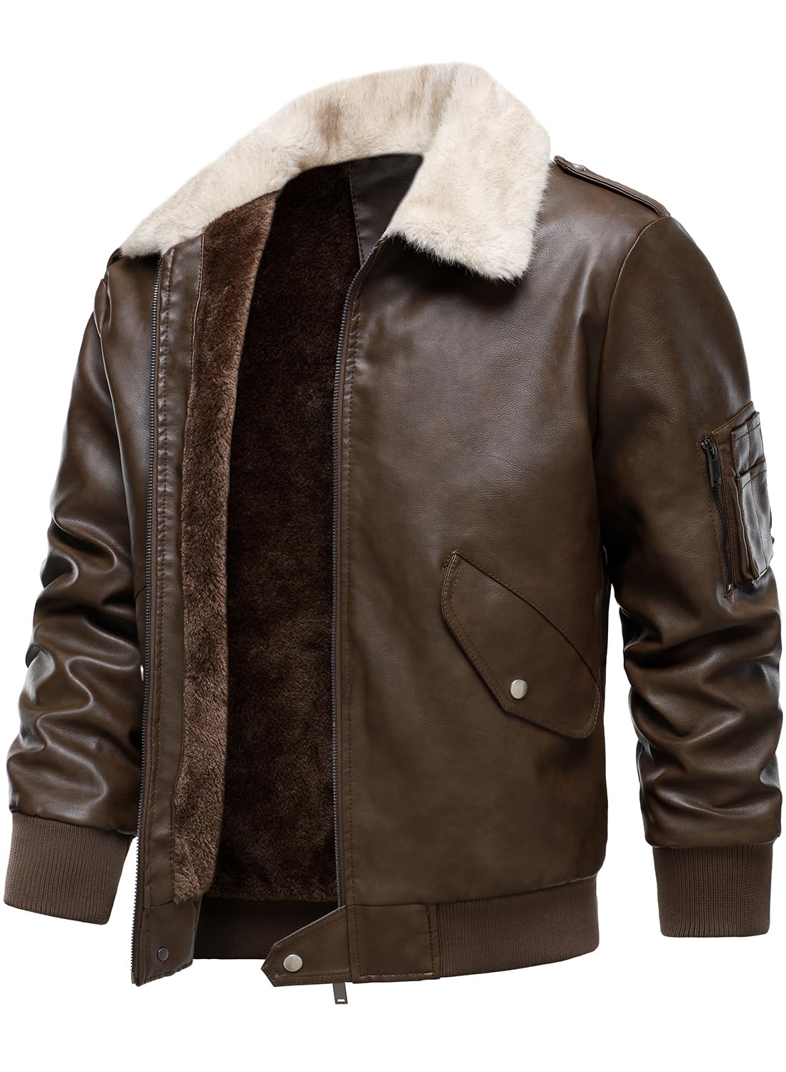 HOOD CREW Men’s Faux Leather Aviator Bomber Jacket with Fur Collar Warm Fleece Lined Biker Jackets Vintage Winter Coats Dark Brown L