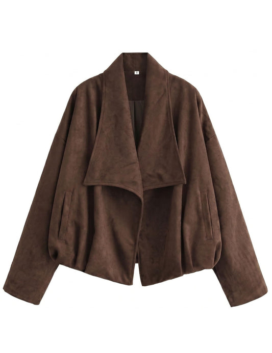 Xaspee Womens Faux Suede Wrap Jacket Open Front Coat with Lapel Collar Long Sleeve Casual Spring Fall Outerwear with Pockets(Coffee-XS)