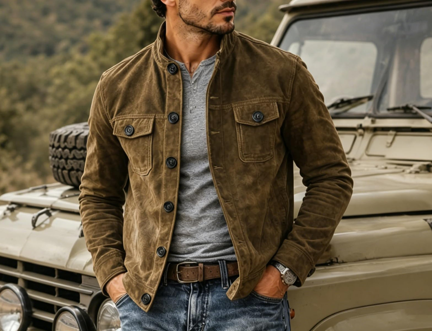 Men's Vintage Trucker Suede Jacket Lightweight Faux Leather Casual Western Blazer Sport Coat（Khaki，L）