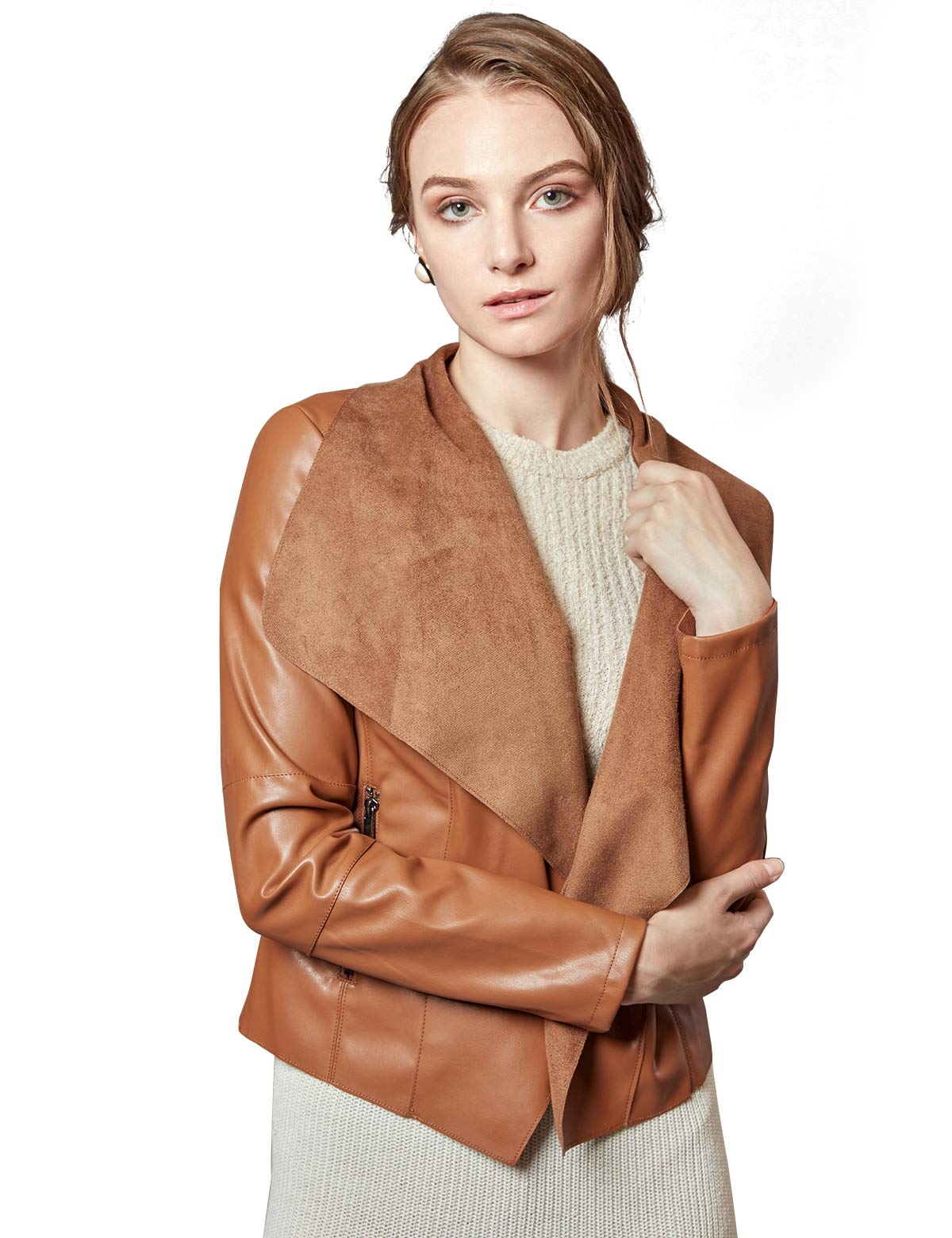 Escalier Women's Faux Leather Jackets Slim Open Front Lapel Blazer Jackets Brown Large
