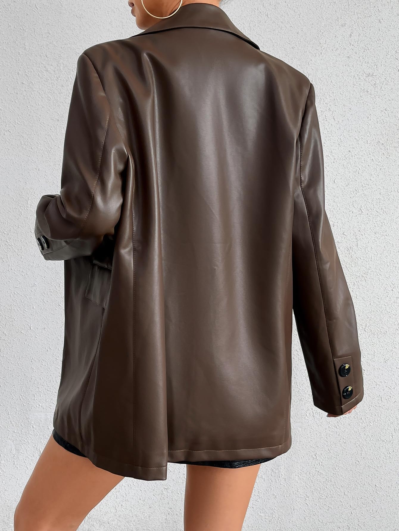 Muzly Women's Faux Leather Jacket Notch Lapel Wide Shoulder Single Button Flap Pockets Pu Leather Jackets Blazer (Brown L)