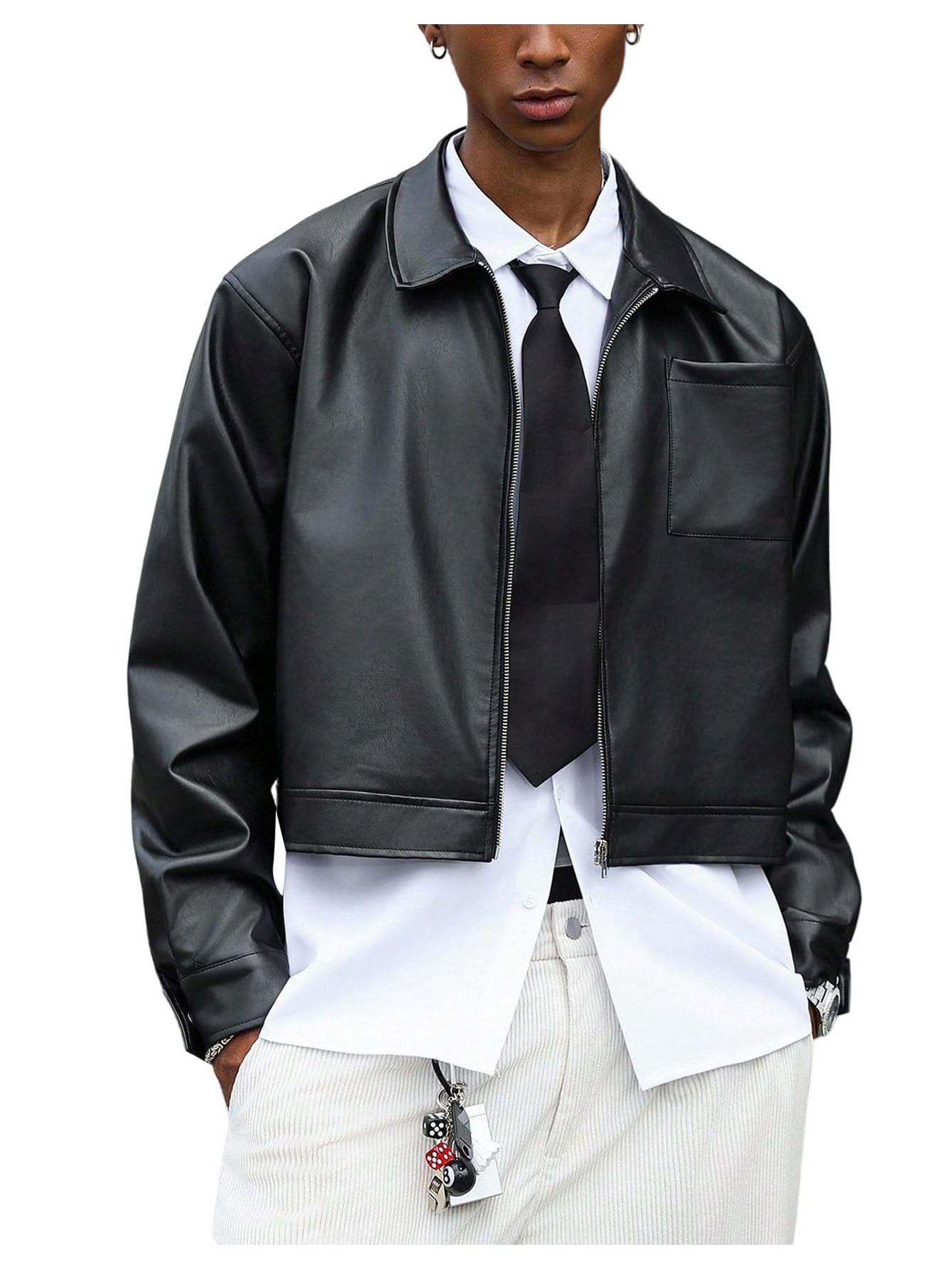 BEAUDRM Men's Faux Leather Jacket Long Sleeve Zip Up Collared Crop Biker Motorcycle Lightweight Coat Outerwear Solid Black Large