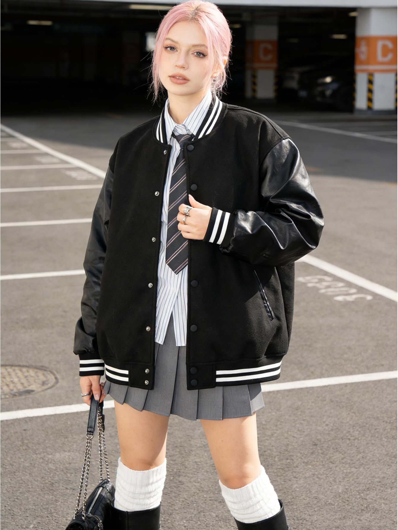 RAOENJADO Men's Varsity Jacket Bomber Letterman Jacket Leather Sleeve Vintage Style Lightweight Outerwear Black XXL