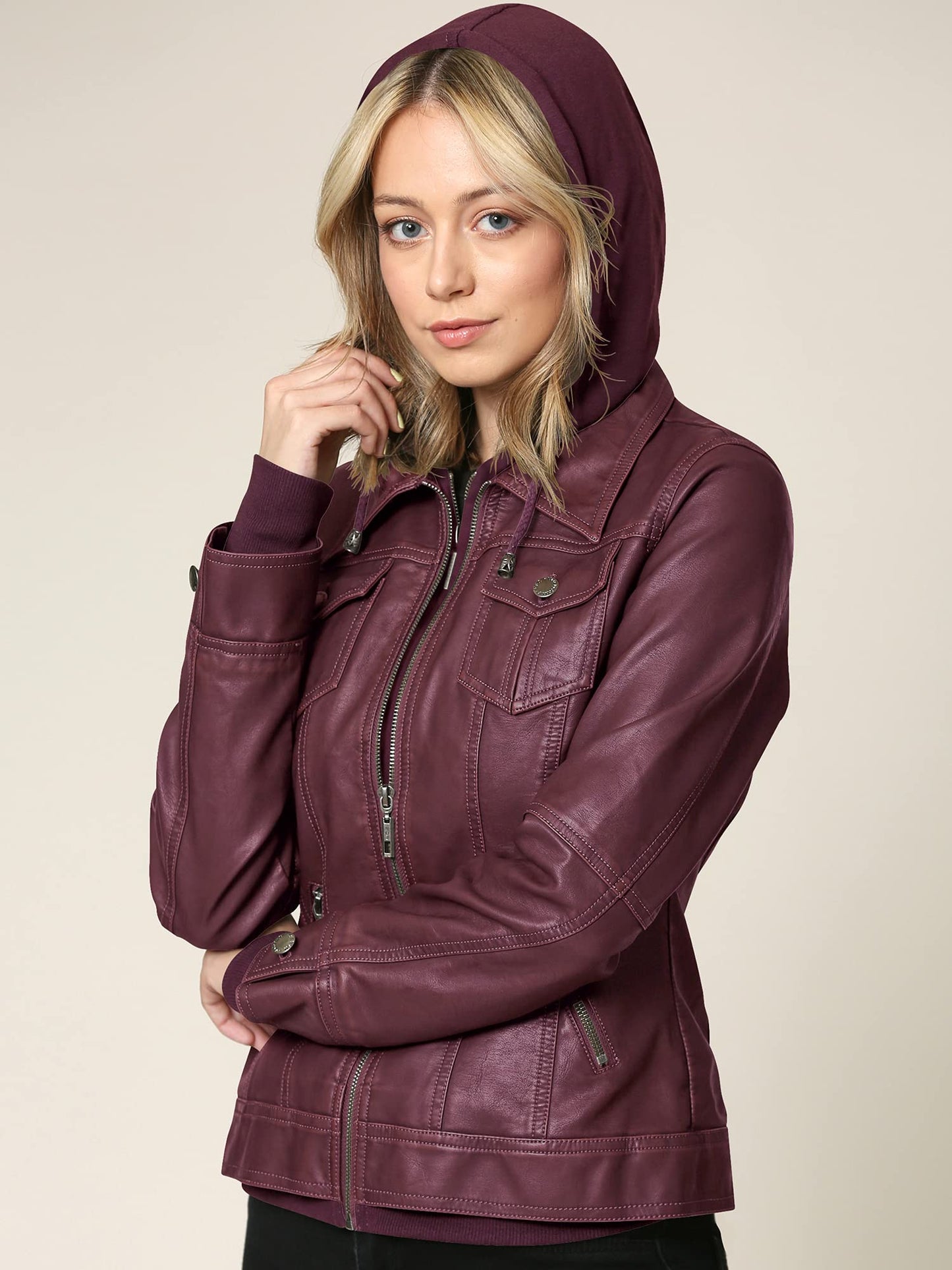 Lock and Love LL WJC664 Womens Faux Leather Jacket with Hoodie S WINE