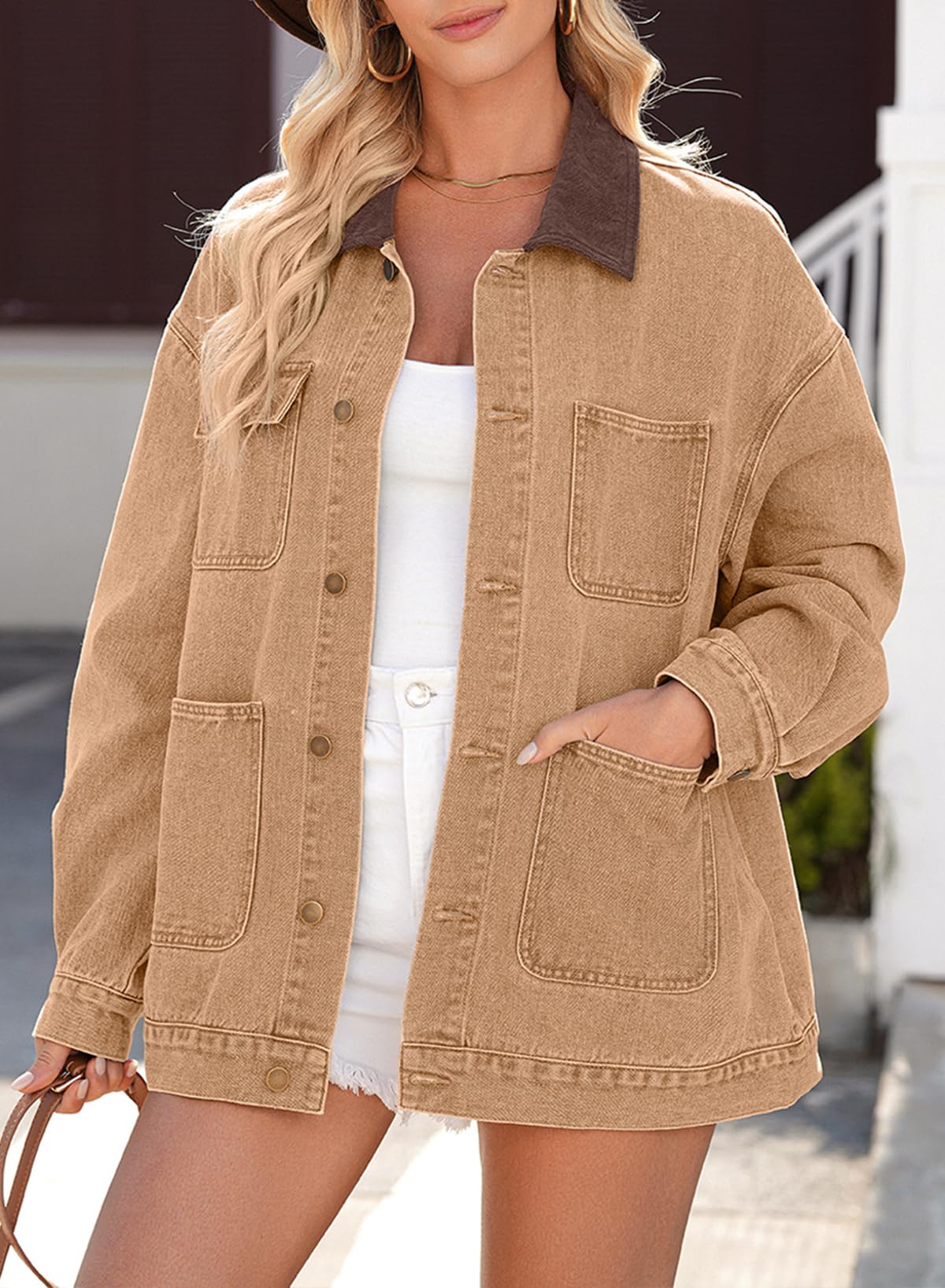 Dokotoo Denim Jacket For Women Casual Trucker Jean Barn Jackets For Women Basic Long Sleeve Denim Jackets Trendy Winter Clothing Barn Coat With Color Block Collar Brown XL