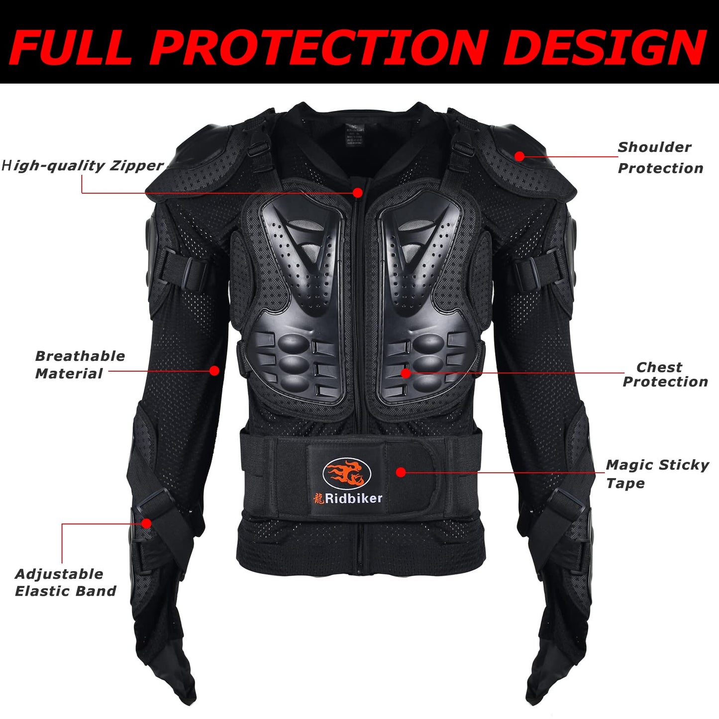 RIDBIKER Motorcycle Jacket Full Body Armor, Chest Protection Dirt Bike Gear for Men Motorcycle Gear Motorcycle Armor Motocross MTB Racing Off-Road (Medium, Black)
