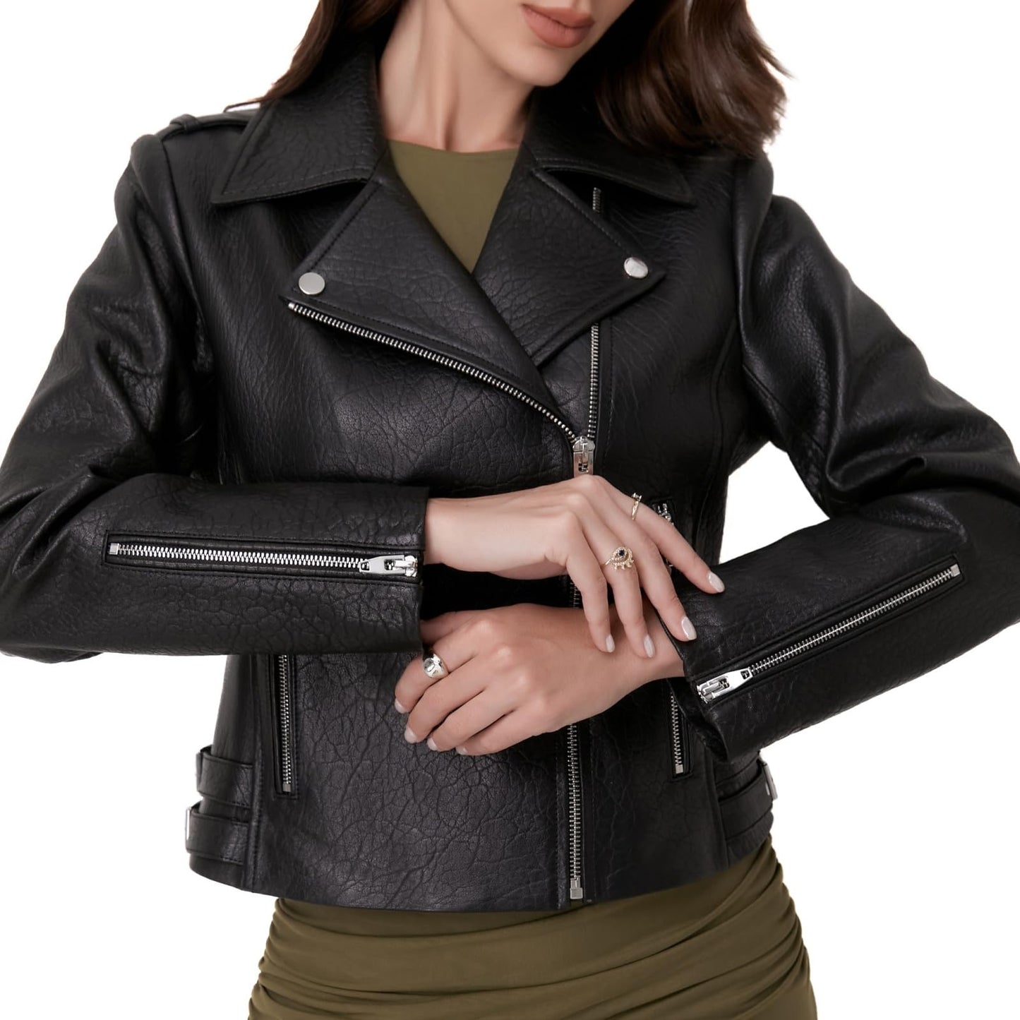 SILVER FASHIONS Lambskin Leather Jacket Women,Motorcycle Jacket,Asymmetrical Zip Style,Buckle Belts,Quilted Details (US, Alpha, X-Large, Regular, Regular, BLACK BUBBLE LAMB)