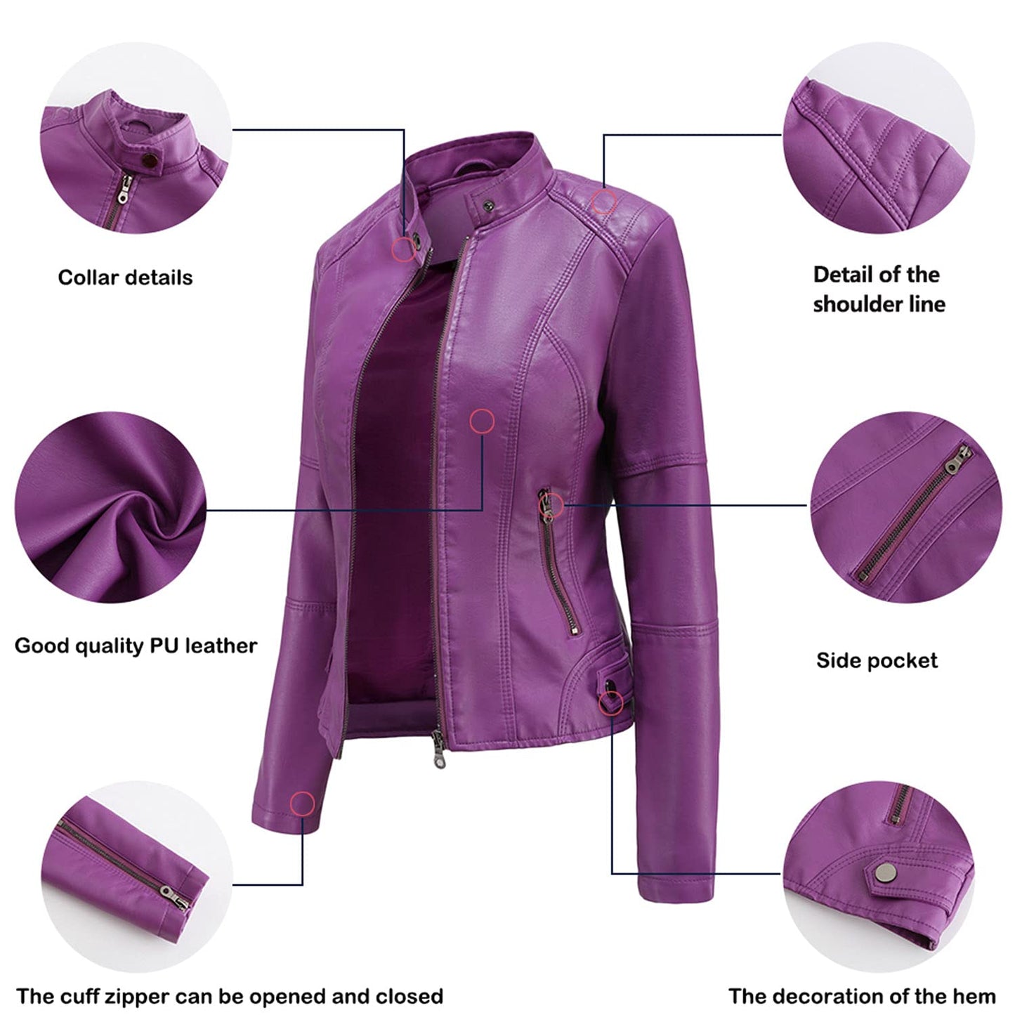 DEAR MODEL Faux Leather Jacket Women Bomber Jacket Women's Belted Motorcycle Jacket,Purple,S