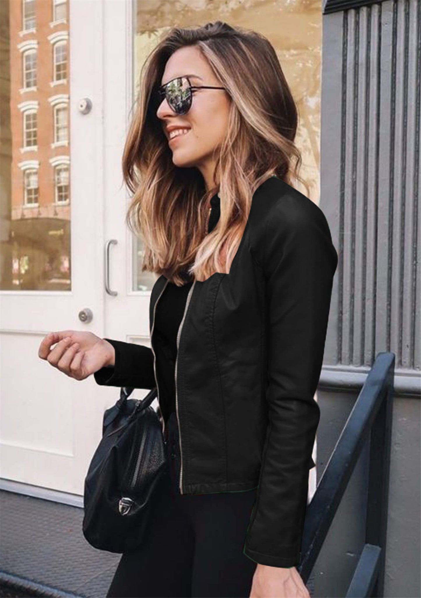 YMING Sim Fit Faux Leather Blazer for Womens Long Sleeve PU Jacket Zipper Front Trench Coat Plus Size Blk 3XL