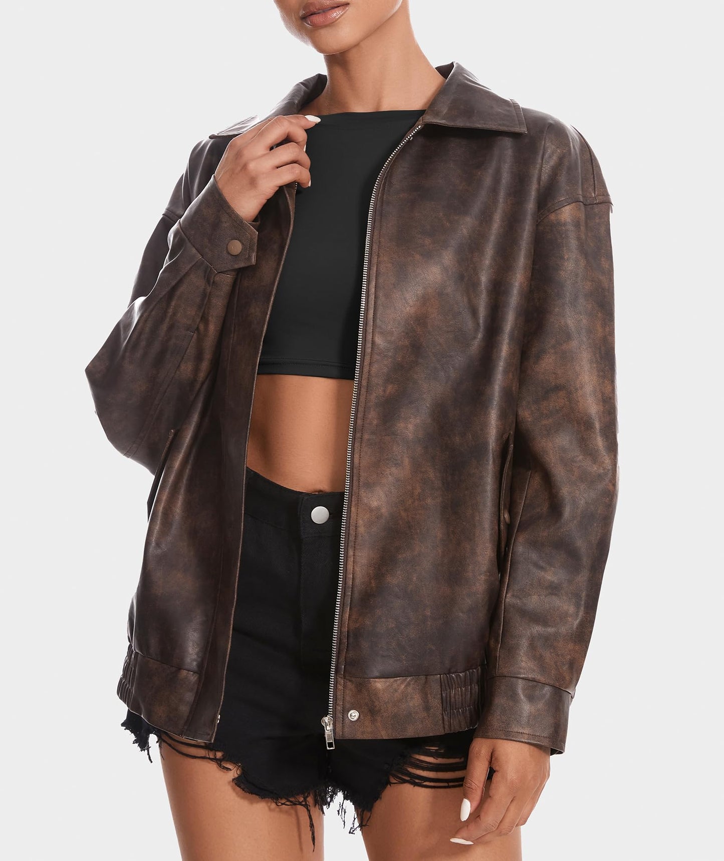 Casly Lamiit Women's Leather Jacket Faux Motorcycle Oversized Zip Up Coat Bomber Jackets Fall Casual Fashion Outfits Outerwear Brown L