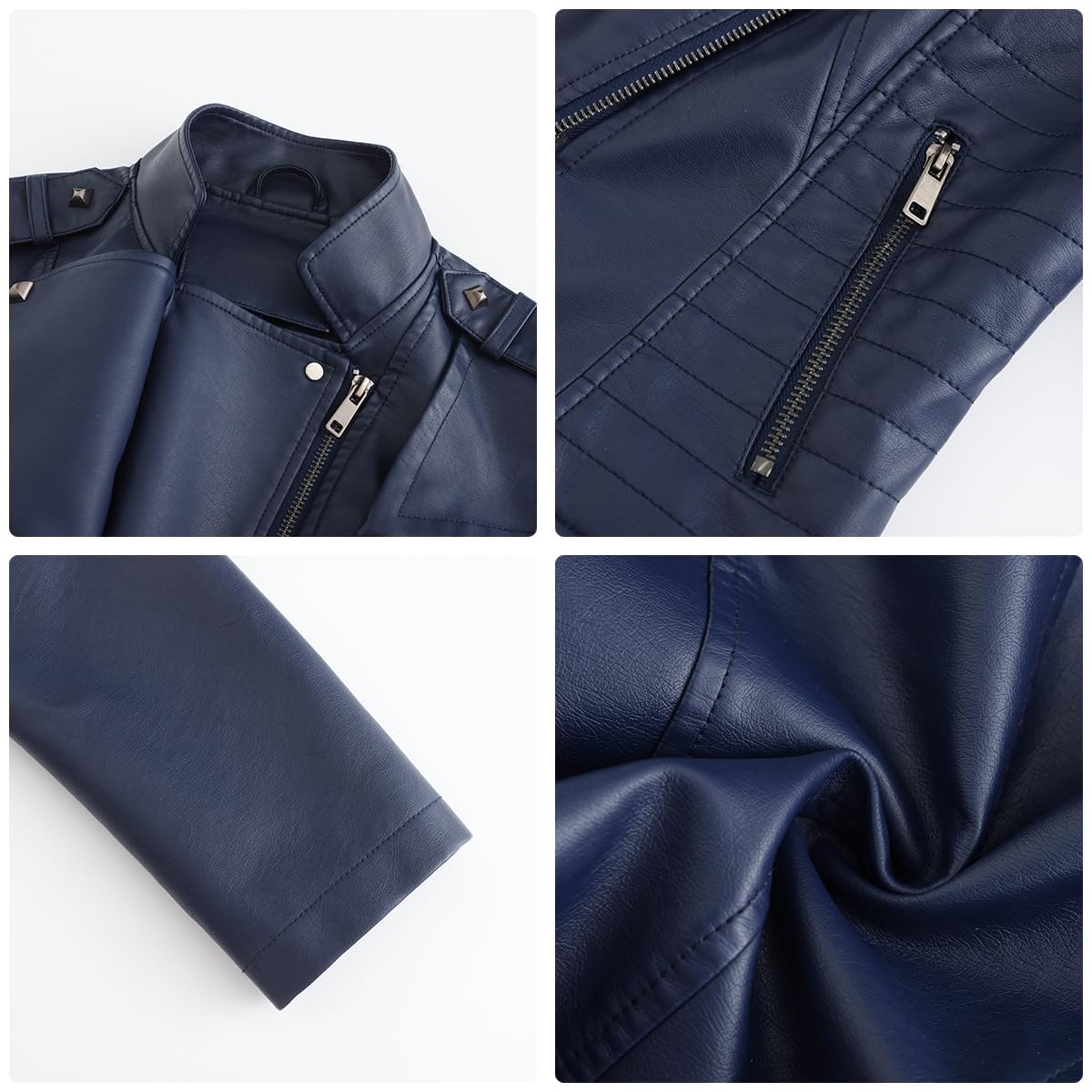 Sister Amy Women PU Leather Jacket Women Bomber Jacket Cropped Zipper Jacket Moto Coat Dark Blue X-Small