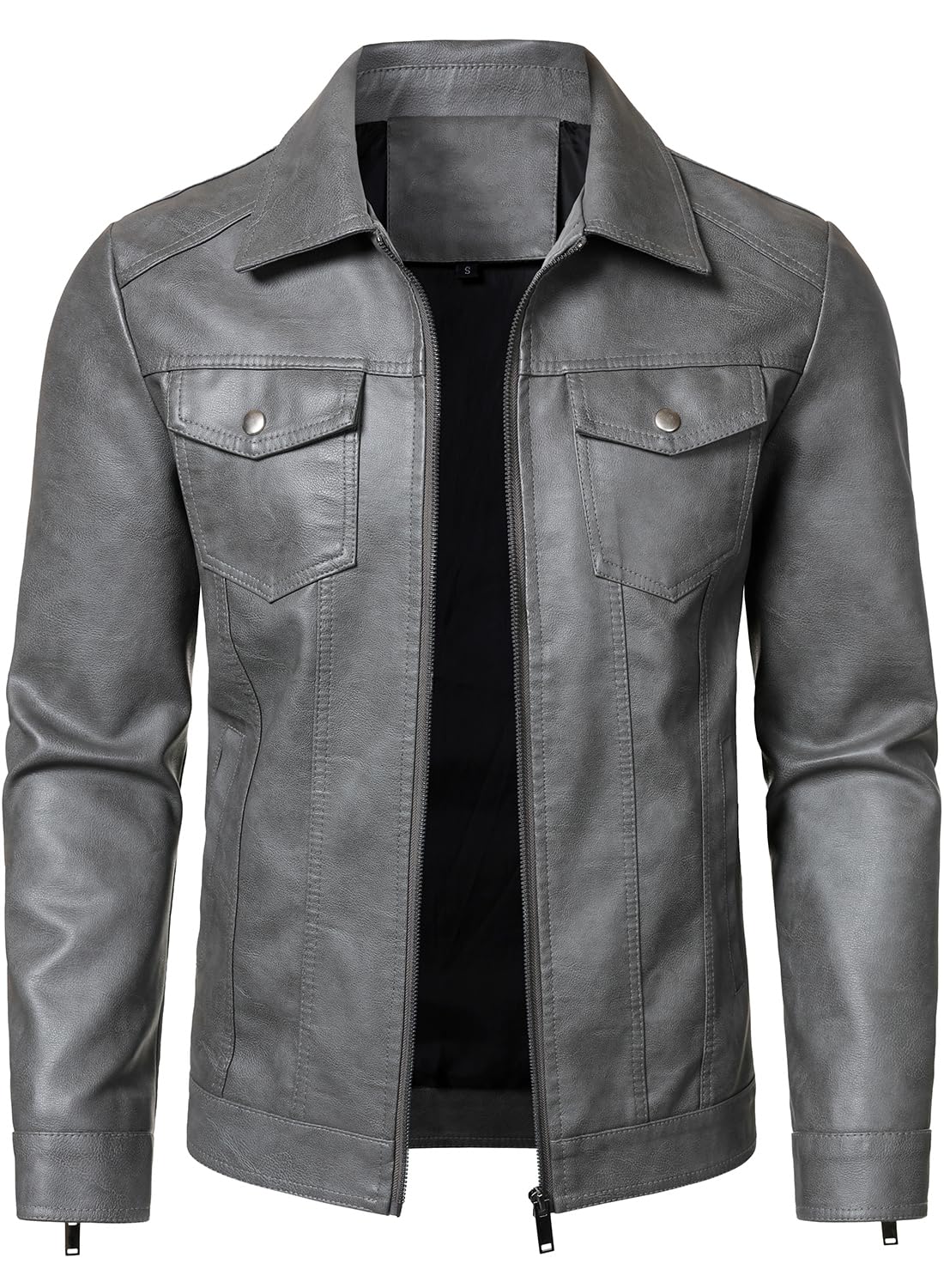 HOOD CREW Mens Leather Jacket Motorcycle Biker Jackets Casual Lightweight Faux Leather Outwear Grey L