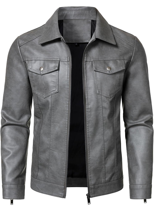 HOOD CREW Mens Leather Jacket Motorcycle Biker Jackets Casual Lightweight Faux Leather Outwear Grey L