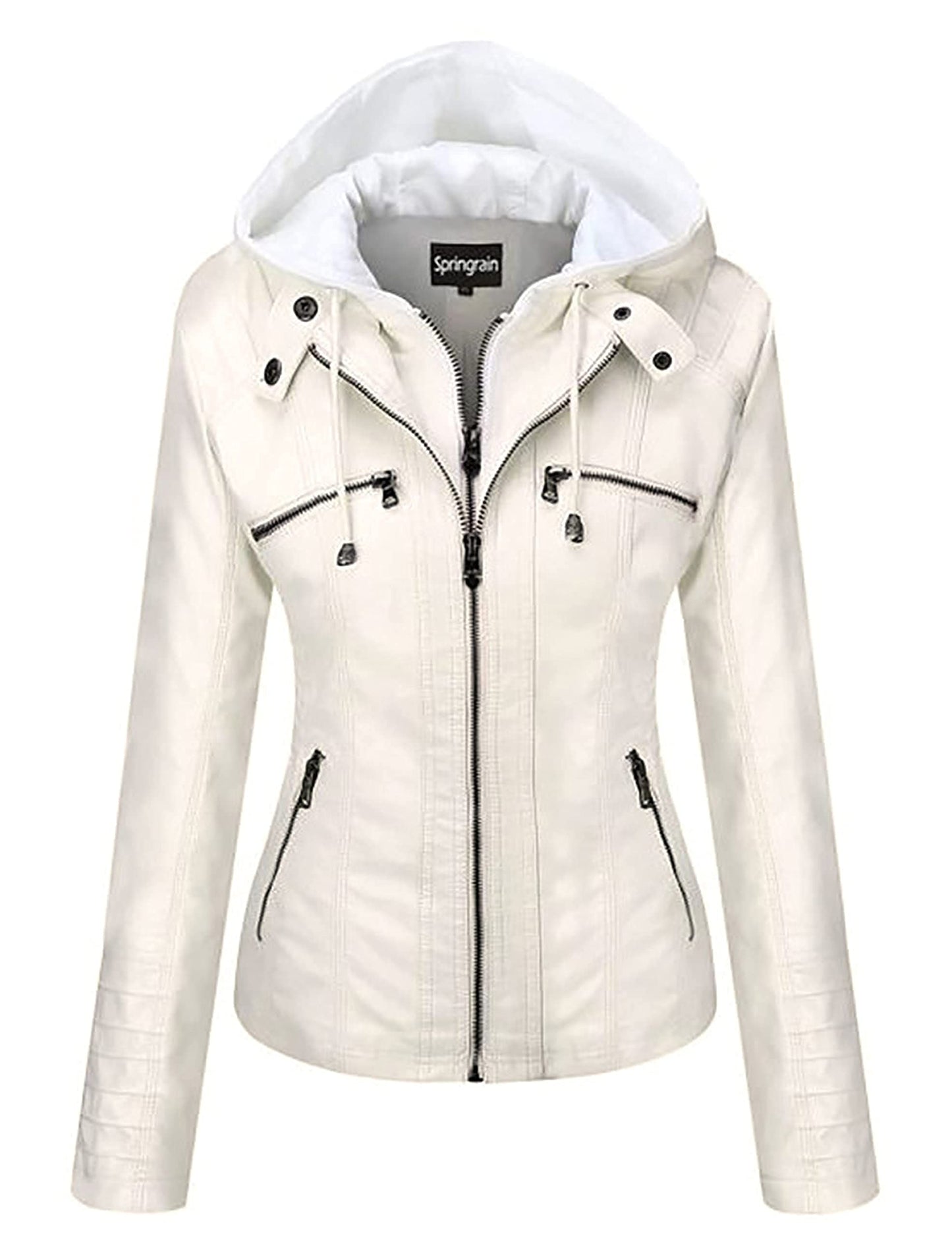 Springrain Women's Faux Leather Jacket Moto Biker Coat with Detachable Hood Motorcycle Jacket (Small, White)