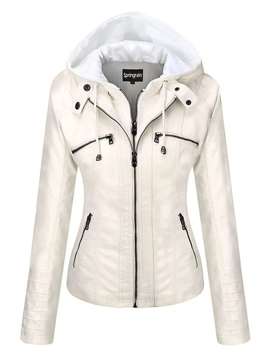 Springrain Women's Faux Leather Jacket Moto Biker Coat with Detachable Hood Motorcycle Jacket (Small, White)