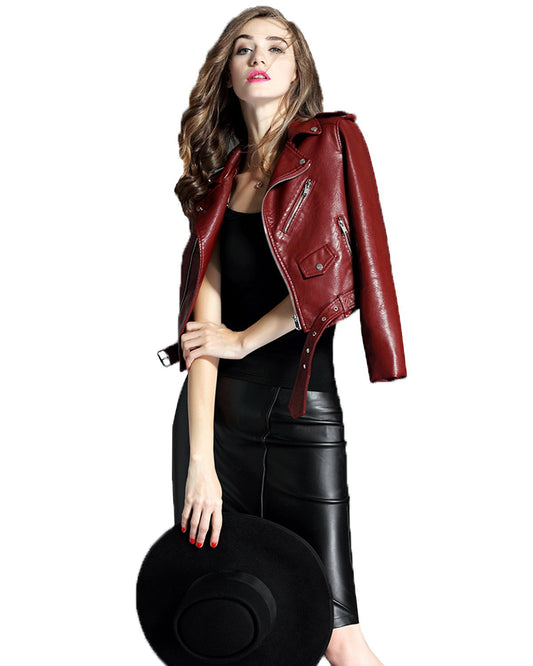 LY VAREY LIN Fitaylor Women's Faux Leather Motorcycle Jacket PU Slim Short Biker Coat (L, Wine Red)