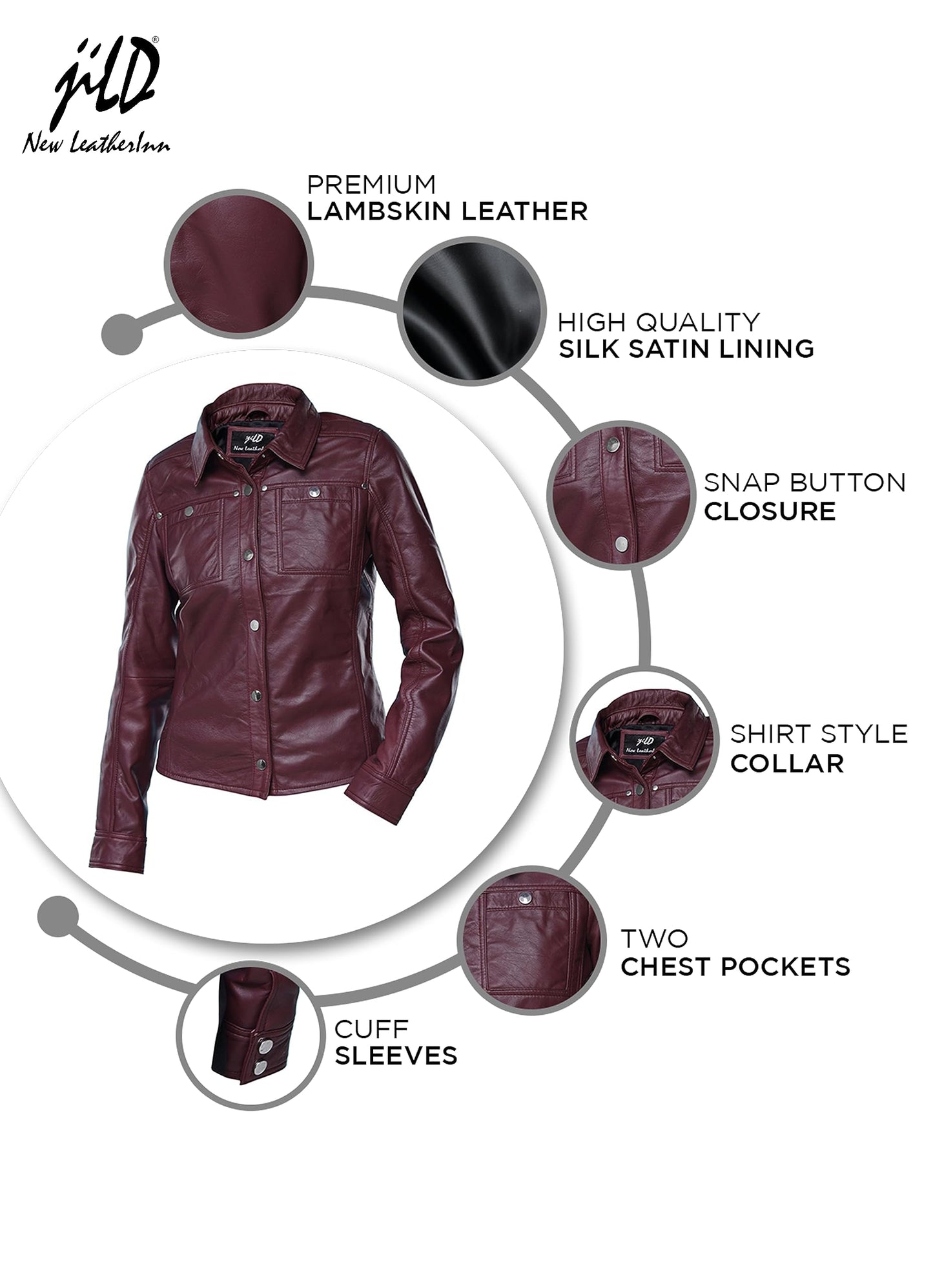 Jild Womens Button Front Lambskin Leather Jacket Shacket - Casual Shirt Long Sleeve Leather Jacket Women with Bust Pocket (Burgandy-L)