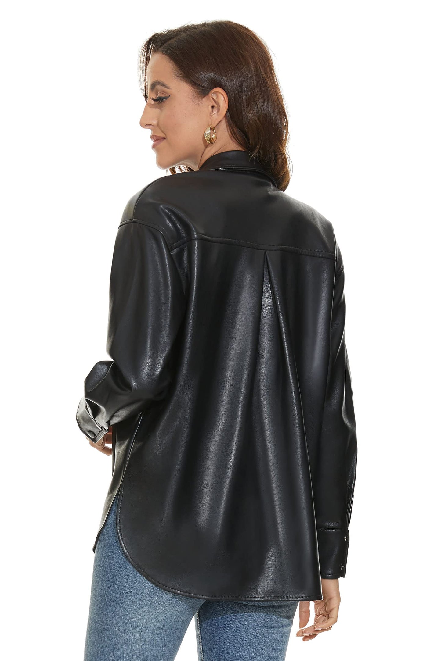 Fahsyee Women Faux Leather Shacket Moto Biker Shirts Loose Fit Blazer Long Sleeves Button Casual Jacket Plus Size S-XXL