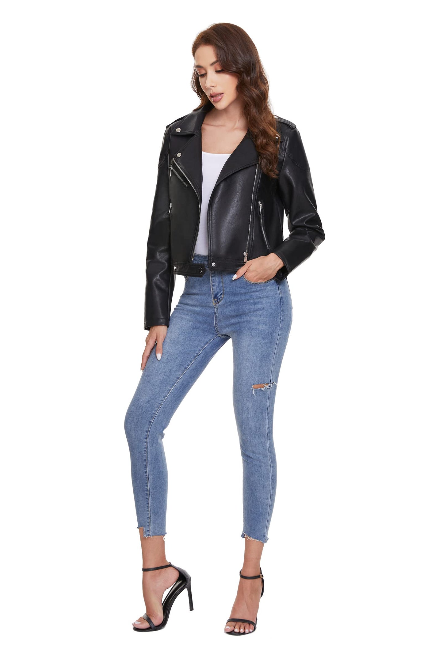 Fahsyee Women's Faux Leather Jackets, Zip Up Motorcycle Short PU Moto Biker Outwear Fitted Slim Coat Black Size M
